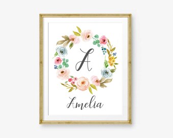 Initial Wall Art Flower Letter V Gold Nursery Print Sign Poster Printable Instant Download Monogram Floral Wreath D\u00e9cor botanical Alphabet