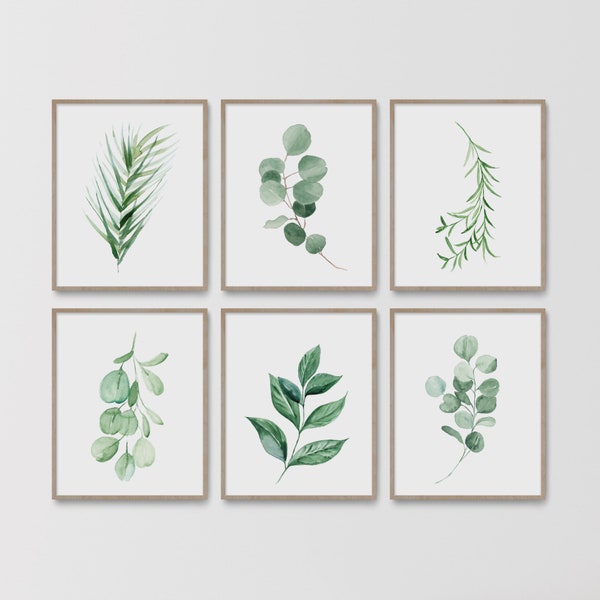 Botanischer Druck Set, Grüne Kunst, Laub Aquarell, Pflanzen Poster, Set von 6 Blatt Drucke, Schlafzimmer Wanddekor, Wohnzimmer Wandkunst, Grün