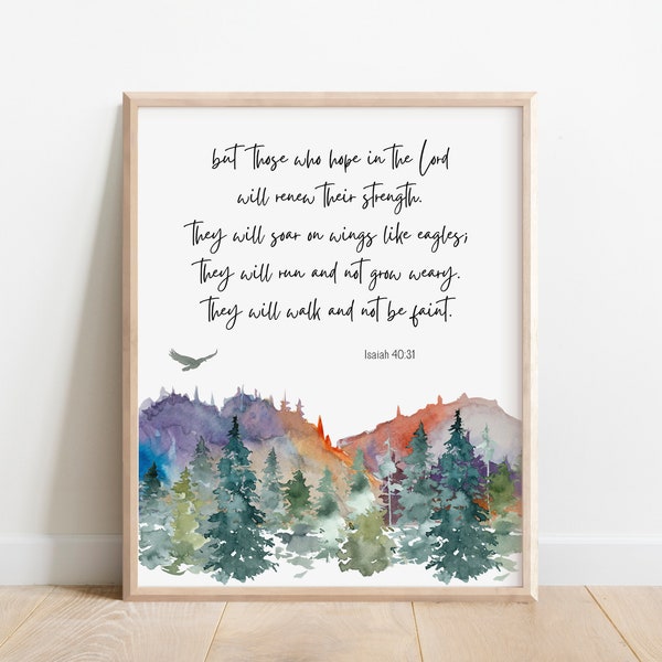 Isaiah 40:31, Bible Verse Wall Art, Scripture Print, Hope in the Lord, Watercolor Landscape, Eagle Painting, Christian Gift, Bedroom Wall