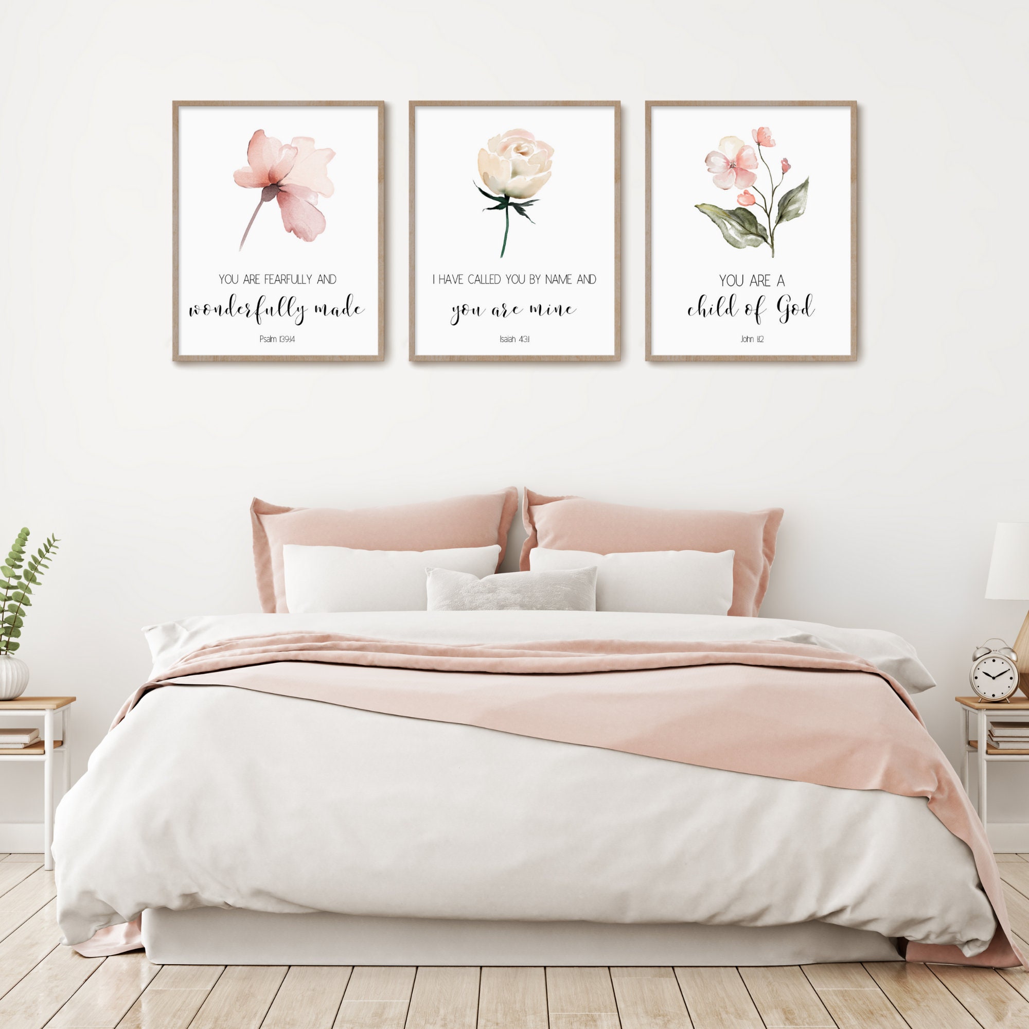 Dusty Rose Quad Scriptures Bible Verse Wall Art, Watercolor Wildflowers, Scripture Print, Baby ...