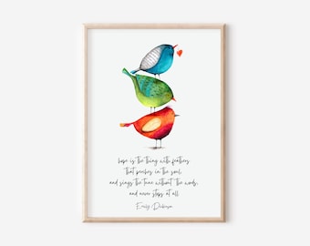 Emily Dickinson Quote, Hope is the Thing With Feathers That Perches in the Soul, Poetry Author, Watercolor Folk Art Birds, Literary Art Book