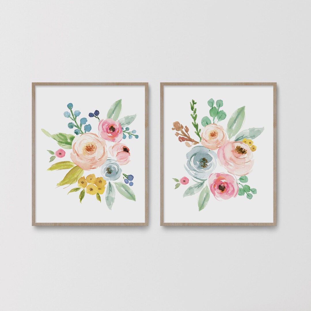 Set of 2 Watercolor Peony Paintings, Floral Bouquet, Blush Pink Flower ...