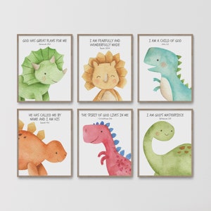 Decoración cristiana para habitación infantil, arte mural con versículos bíblicos para niños, guardería para bebé niño, impresión de las Escrituras de dinosaurios, iglesia de la escuela dominical, arte mural de dinosaurios