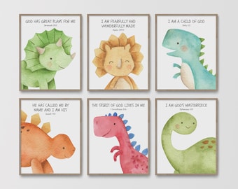 Christian Nursery Decor, Set of 6 Kids Bible Verse Wall Art, Baby Boy Nursery, Scripture Print Dino, Sunday School Church, Dinosaur