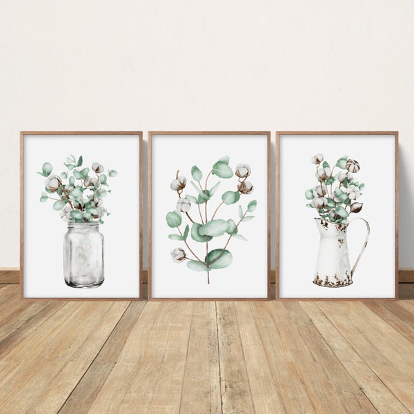 Botanical Print Set, Farmhouse Decor, Eucalyptus Cotton Boll Branch, Country Decor, Living Room Wall Art, Plant Posters, Gallery Wall Set