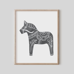 Grey Dala Horse Print, Swedish Horse, Scandinavian Folk Art, Swedish Gift, Christmas Decor, Holiday Decor, Norwegian Polish, Living Room