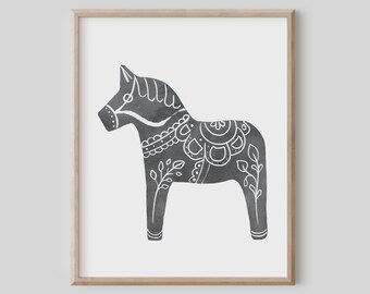 Grey Dala Horse Printable, Swedish Horse, Scandinavian Folk Art, Christmas Decor, Rustic Holiday Decor, Norwegian Polish, Modern Minimalist