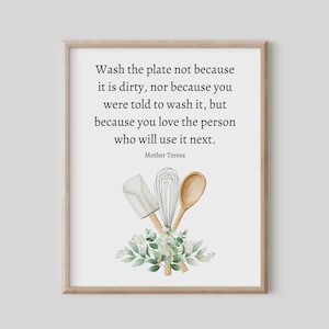 Wash the Plate, Mother Teresa Quote, Inspirational Wall Art, Kitchen Decor, Christian Gift,  Watercolor Wooden Utensils, Spoon Eucalyptus