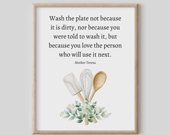 Wash the Plate, Mother Teresa Quote, Inspirational Wall Art, Kitchen Decor, Christian Gift, Printable Artwork, Watercolor Painting, Home