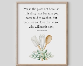 Wash the Plate, Mother Teresa Quote, Inspirational Wall Art, Kitchen Decor, Christian Gift,  Watercolor Wooden Utensils, Spoon Eucalyptus