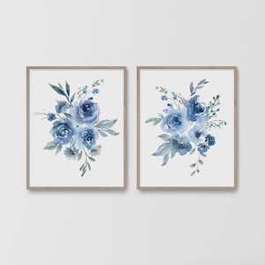 Light Blue Flowers, Floral Bouquet, Watercolor Roses, Bedroom Wall Decor, Living Room Wall Art, Home Decor Gift, Printable Artwork, Set of 2