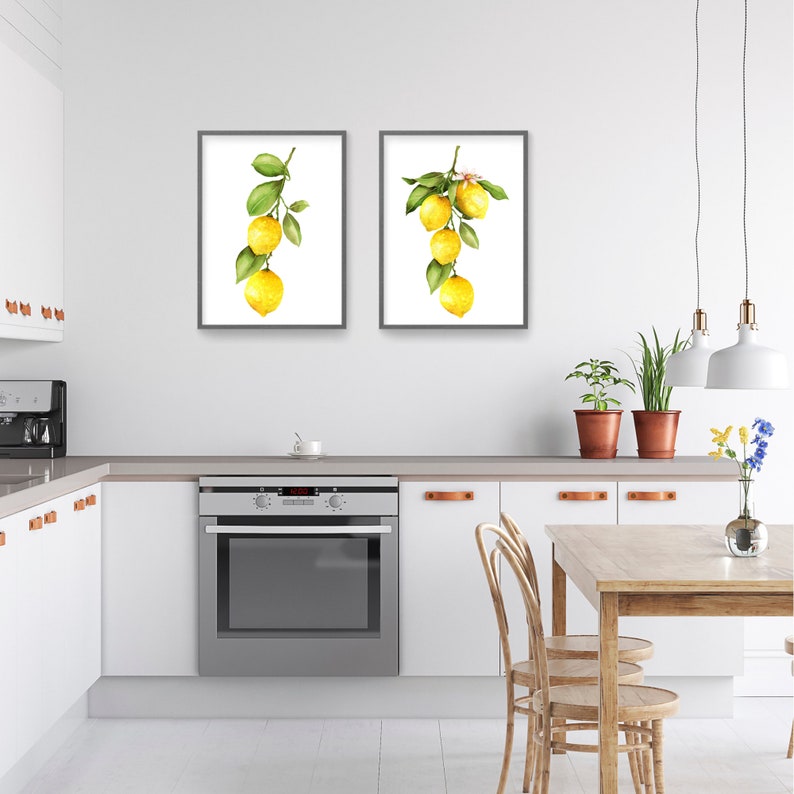 Set of 2 Watercolor Lemon Prints Farmhouse Decor Yellow Art Fruit Prints Still Life Painting Yellow Colorful Wall Art Kitchen Wall Art