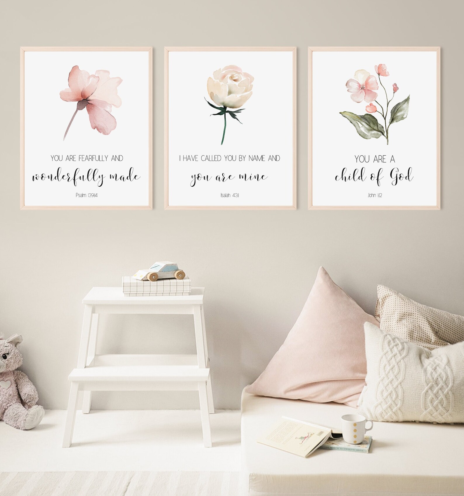 Dusty Rose Quad Scriptures Bible Verse Wall Art, Watercolor Wildflowers, Scripture Print, Baby ...