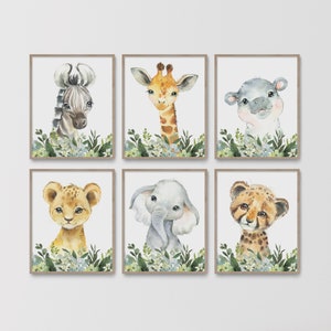 Safari Nursery Decor, Baby Boy Nursery Wall Art, Watercolor Animal Prints, Kids Room Decor, Childrens Jungle, Elephant Giraffe, Playroom