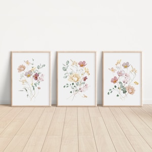 Watercolor Wildflowers, Baby Girl Nursery Wall Art, Farmhouse Decor, Set of 3 Triptych, Pastel Colors, Botanical Greenery, Gallery Wall Set
