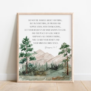 Filipenses 4:6-7, No se preocupen por nada, Arte mural con versículos bíblicos, Impresión de las Escrituras, Regalo cristiano, Acuarela de la naturaleza en las montañas