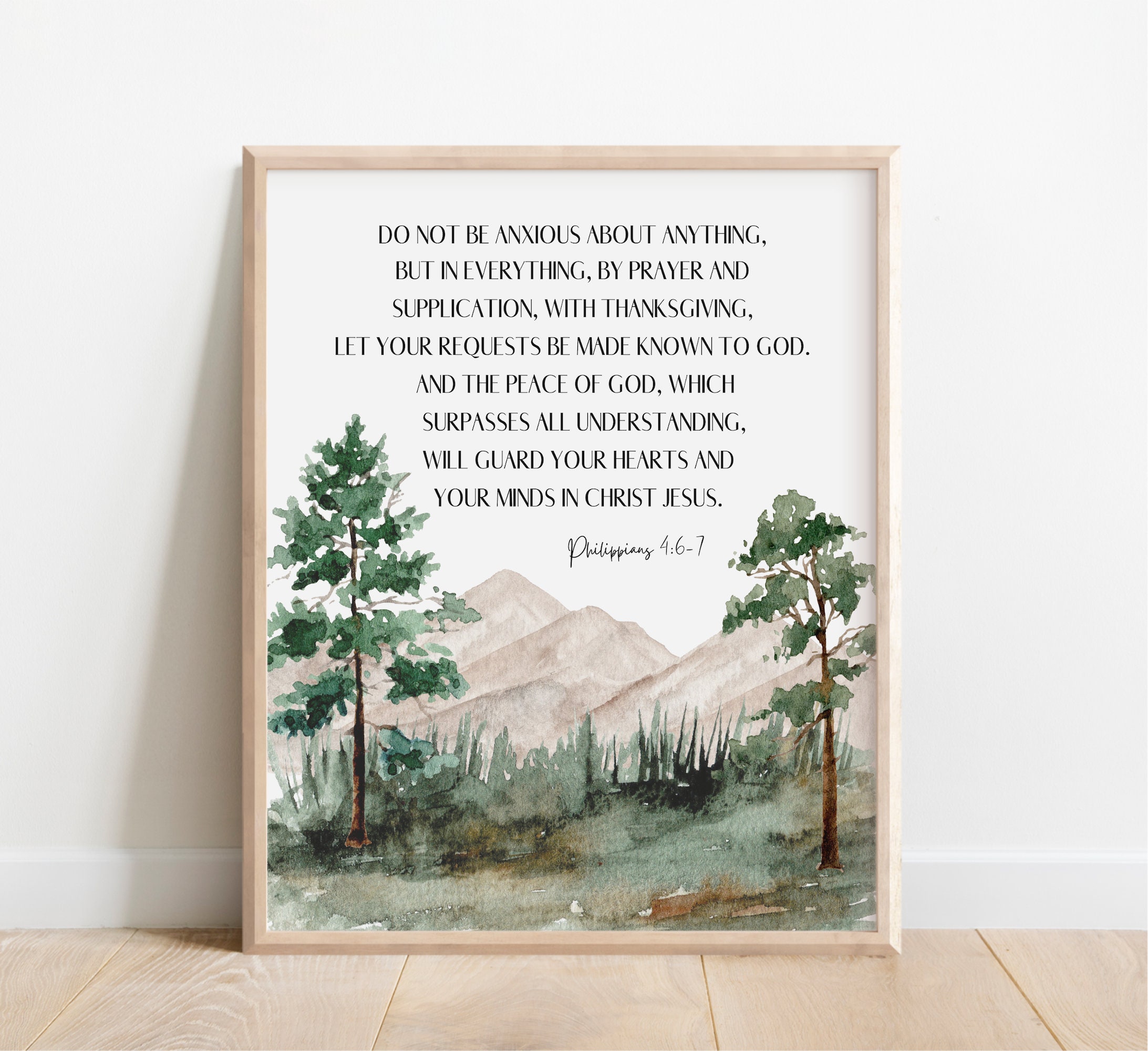 Philippians 4:6-7, Do Not be Anxious About Anything, Bible Verse Wall Art, Scripture Print, Christian Gift, Watercolor Mountain Wilderness