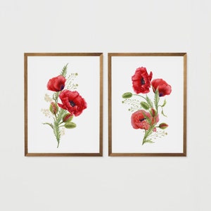 Red Poppies Art, Watercolor Floral Prints, Red Flowers, Watercolor Flowers, Set of 2 Paintings, Remembrance Day, Home Decor Gift, Bedroom