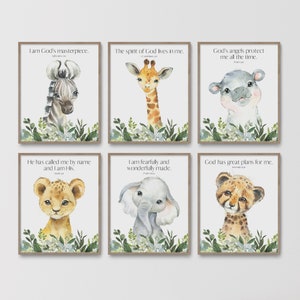 Christian Nursery Decor, Kids Bible Verse Wall Art, Baby Boy Nursery, Scripture Print, Watercolor Animal, Jungle Safari, Gender Neutral Girl