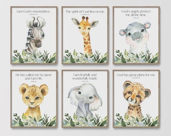 May include: Set of six framed watercolor art prints featuring adorable baby animals: zebra, giraffe, hippo, lion, elephant, and cheetah. Each print includes a positive affirmation and a corresponding Bible verse, perfect for a nursery or child's room.