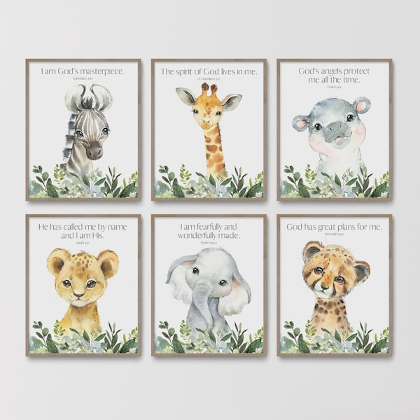 Christelijke kinderkamer decor, kinderbijbelvers kunst aan de muur, babyjongenkwekerij, schriftprint, aquareldier, junglesafari, genderneutraal meisje