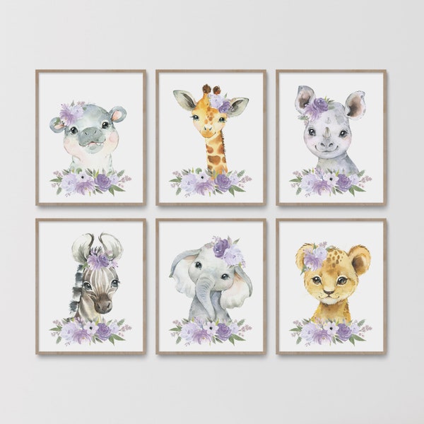 Safari Nursery Decor, Baby Girl  Nursery Wall Art, Watercolor Animal Prints, Purple Lavender Lilac Flowers, Printable Artwork, Baby Shower