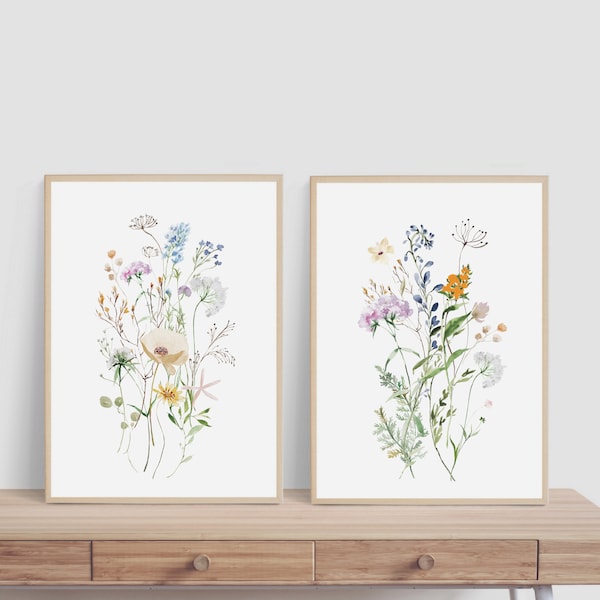Wildflower Prints, Watercolor Flowers, Farmhouse Decor, Meadow Grass, Bedroom Wall Decor, Pastel Colors, Prairie Foliage, Printable Artwork