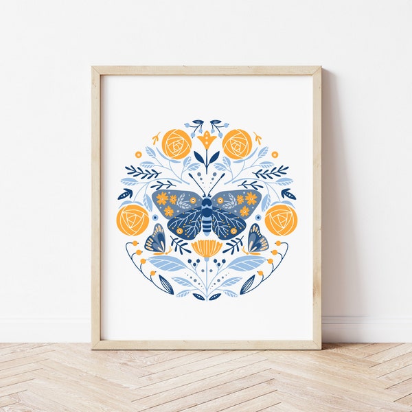 Scandinavian Folk Art Print, Norwegain Swedish Polish, Watercolor Butterfly, Blue Wall Art, Home Decor Gift, Printable Artwork, Home Decor