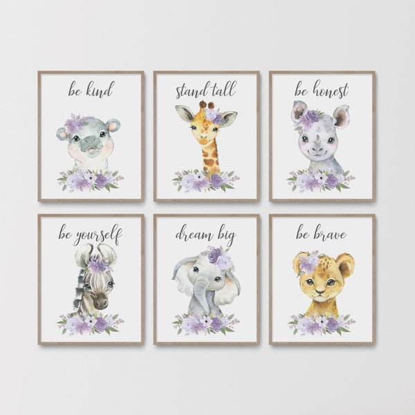 Safari Nursery Decor, Baby Girl Nursery Wall Art, Watercolor Animal Prints, Girls Room Decor, Lavender Lilac, Baby Shower Gift, Jungle