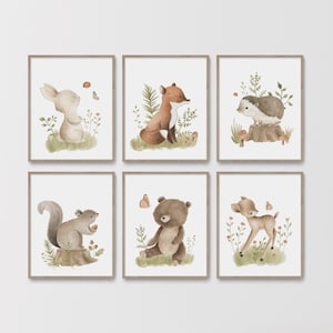 Decoración de habitación infantil con temática de bosque, estampados de animales en acuarela, arte de pared para habitación infantil de bebé niño, vegetación forestal, oso, ciervo, zorro, conejo y ardilla, imprimible