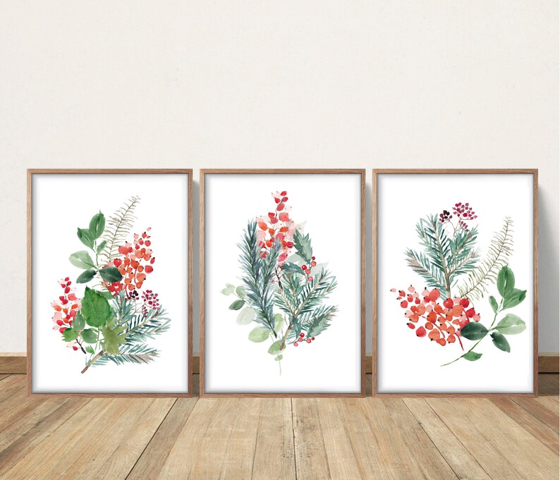 Leaf Print Winter Greenery Red Berries Evergreen Art Botanical Print Set Home Decor Gift Foliage Plant Poster Gallery Wall Set