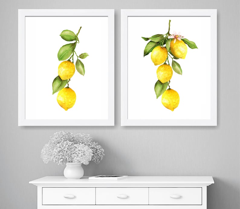 Set of 2 Watercolor Lemon Prints Farmhouse Decor Yellow Art Fruit Prints Still Life Painting Yellow Colorful Wall Art Kitchen Wall Art