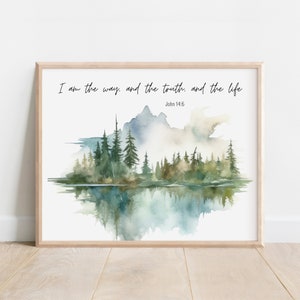 Juan 14:6, Yo soy el camino, la verdad y la vida, arte de pared con versículos bíblicos, impresión de las Escrituras, regalo cristiano, acuarela, bosque de montaña y desierto