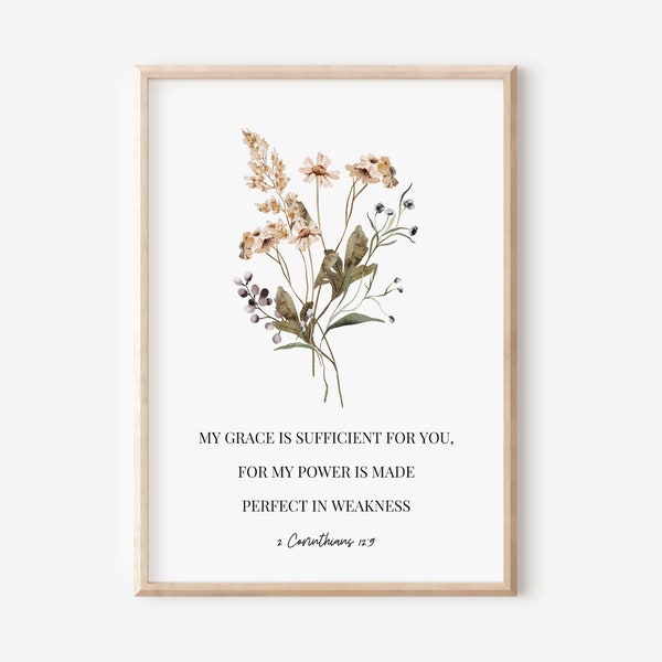 2 Corinthians 12:9, My Grace is Sufficient, Bible Verse Wall Art, Christian Gift for Women, Scripture Print  Minimalist Modern Wildflower