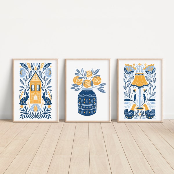 Art populaire norvégien, Art mural Hygge, Nordique polonais suédois scandinave, Fleurs jaunes bleues, Cadeau de décoration intérieure, Maison d’oiseaux, Œuvre d’art imprimable