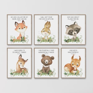 Christliches Kinderzimmerdekor, 6er-Set Kinderbibelvers-Wandkunst, Schriftdruck, Jungen-Kinderzimmer, Aquarelltiere, Walddekor