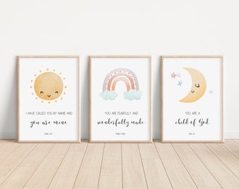 Christian Nursery Decor, Kids Bible Verse Wall Art, Scripture Prints, Sun Moon Rainbow, Pastel Blue Yellow, Baby Girl Nursery, Sunday School