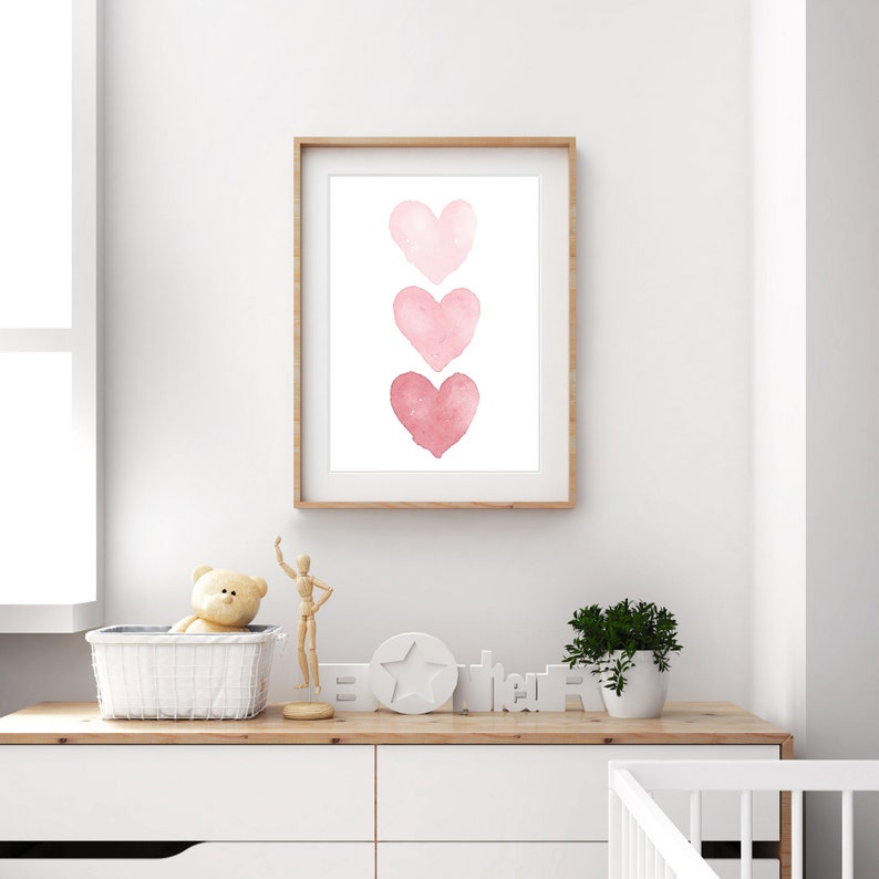 Heart Watercolor Painting, Pink Hearts, Baby Girl Nursery Wall Art, Baby Shower Gift, Minimalist Art, Girls Room Decor, Teen Girl Gift, image 3