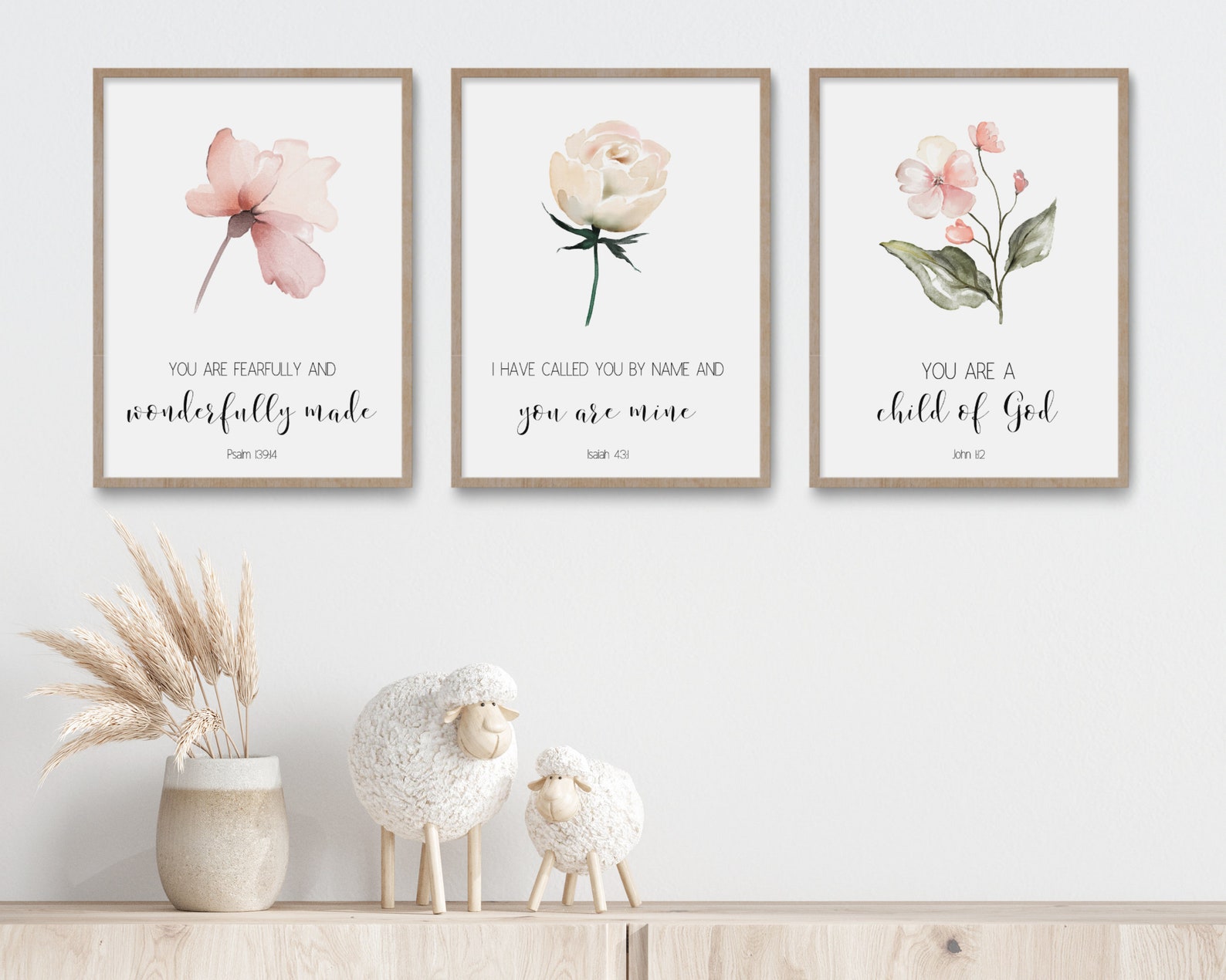 Dusty Rose Quad Scriptures Bible Verse Wall Art, Watercolor Wildflowers, Scripture Print, Baby ...
