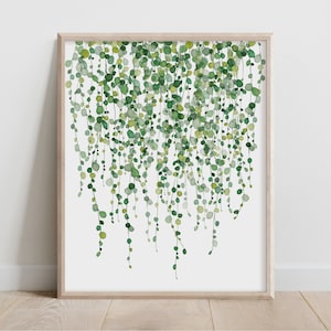 Perlenkette Pflanze, botanische druckbare, Aquarell Kaktus, Sukkulente Grünpflanze Poster, rankende Rebe, Efeu abstrakt, monochrom