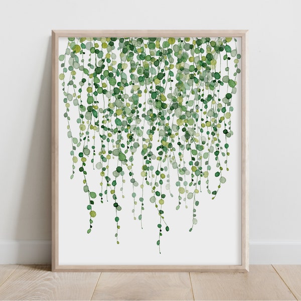 String of Pearls Plant, Botanical Print, Watercolor Cactus, Bedroom Wall Decor, Succulent Green Plant Poster, Housewarming Gift, Home Decor