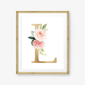 Floral Letter Print, Blush and Gold Initial L Monogram, Nursery Wall Decor, Watercolor Flowers, Pink Peonies Wall Art, Digital Download