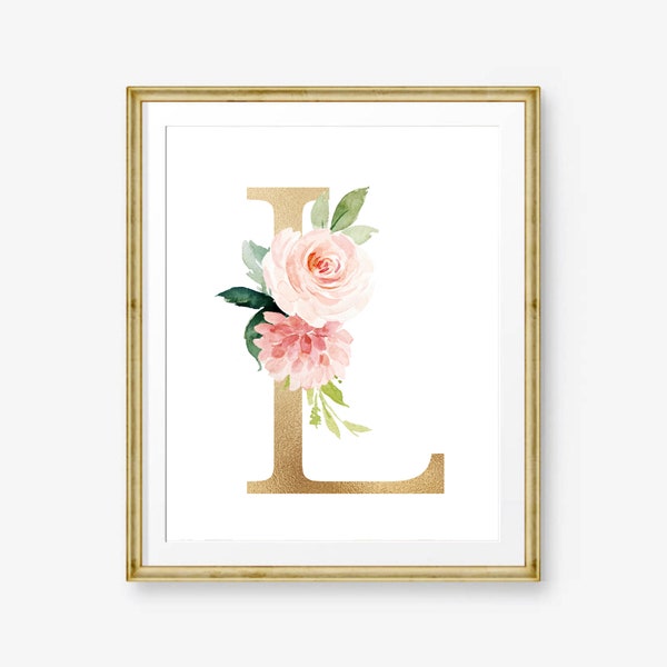 Floral Letter Print, Blush and Gold Initial L Monogram, Nursery Wall Decor, Watercolor Flowers, Pink Peonies Wall Art, Digital Download