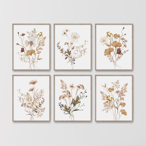 Wildflower Prints, Watercolor Flowers, Farmhouse Decor, Meadow Grass, Bedroom Wall Decor, Neutral Earth Color, Botanical Plant Foliage Straw