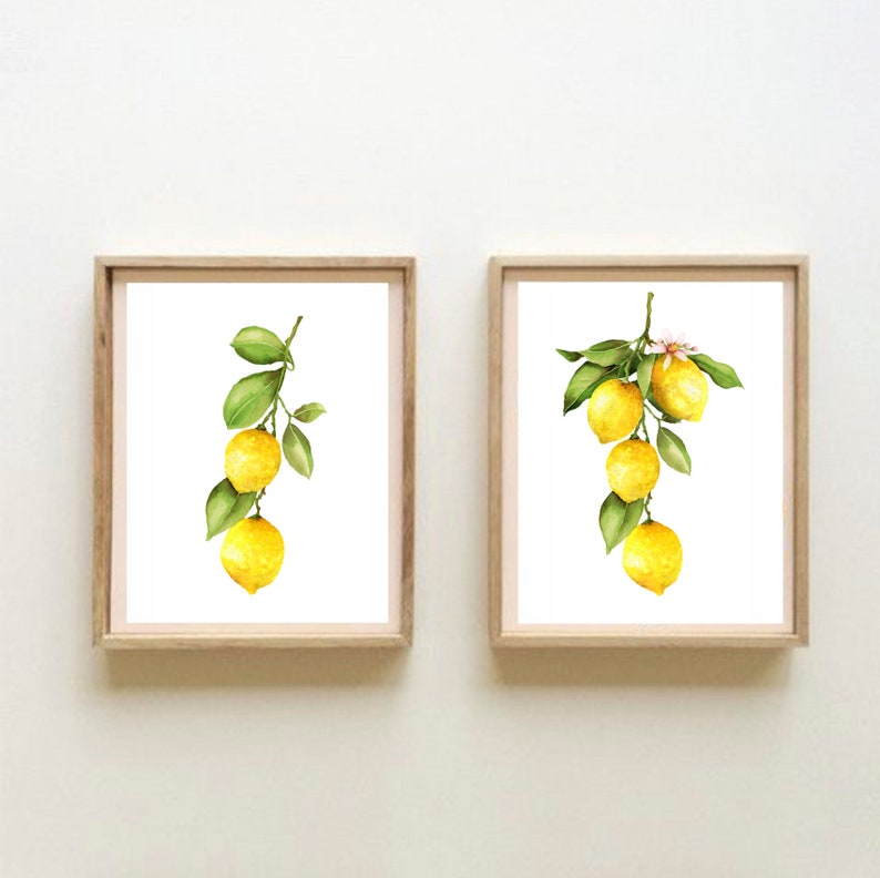 Set of 2 Watercolor Lemon Prints Farmhouse Decor Yellow Art Fruit Prints Still Life Painting Yellow Colorful Wall Art Kitchen Wall Art
