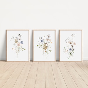 Wildflower Prints, Watercolor Flowers, Farmhouse Decor, Meadow Grass, Bedroom Wall Decor, Pastel Colors, Botanical Greenery Plant Foliage