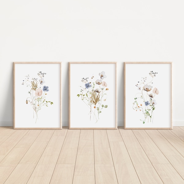 Wildflower Prints, Watercolor Flowers, Farmhouse Decor, Meadow Grass, Bedroom Wall Decor, Pastel Colors, Botanical Greenery Plant Foliage