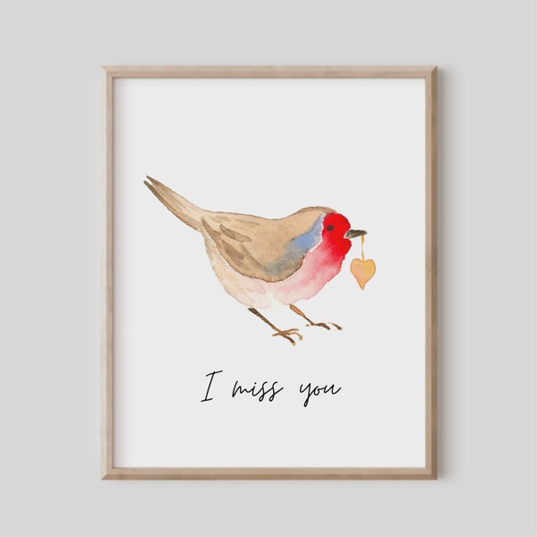 I Miss You, Whimsical Bird Painting, Long Distance Friendship, Bedroom Wall Decor, Watercolor Painting, Red Print Card, Printable Artwork