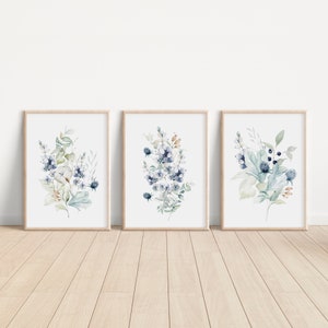 Blue Flowers, Wildflower Bouquet, Watercolor Flowers, Bedroom Wall Decor, Living Room Wall Art, Printable Artwork, Set of 3 Prints 11x14