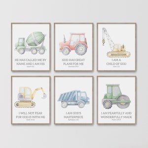 Decoración cristiana para guardería, arte de pared con versículos bíblicos para niños, impresión de las Escrituras, guardería para bebés, iglesia de la escuela dominical, construcción de camiones, acuarela